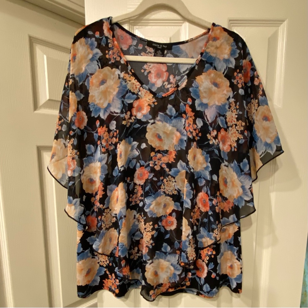 Adele & May Floral Chiffon Top with sheer overlay Black, Blue & Blush EUC